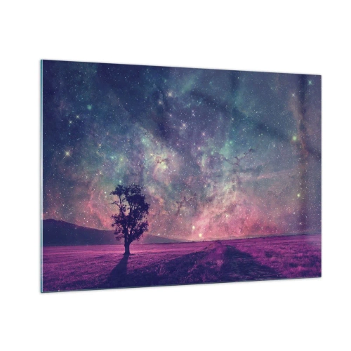 Obraz na szkle - Drzewo na tle rozgwieżdżonego nieba i galaktyki - 100x70cm - Pod magicznym niebem - Nowoczesna dekoracja ścienna do salonu, kuchni i sypialni ARTTOR