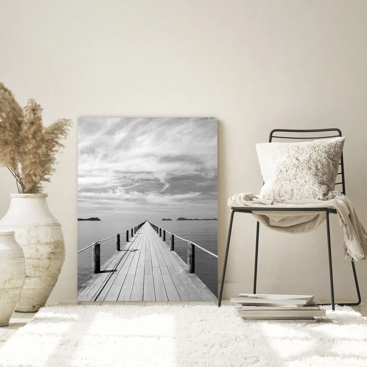 Obraz na szkle - Drewniane molo prowadzące w dal nad spokojnym morzem - 80x120cm - A może podróż… - Nowoczesna dekoracja ścienna do salonu i sypialni ARTTOR