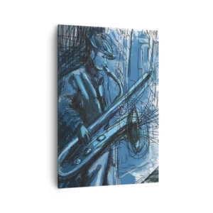 Obraz na płótnie - Postać grająca na saksofonie na tle miasta - 70x100cm - Miejska rapsodia - Nowoczesna dekoracja ścienna do salonu i sypialni ARTTOR