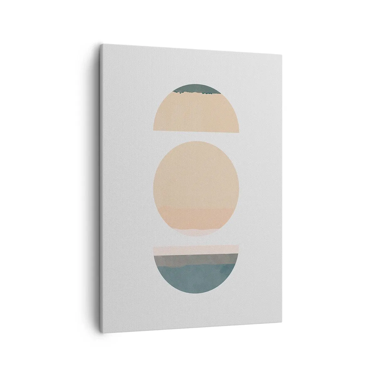 Obraz na płótnie - Minimalistyczna kompozycja geometryczna z trzema pastelowymi kołami na białym tle - 50x70cm - Koło za kołem - Nowoczesna dekoracja ścienna do salonu, kuchni i sypialni ARTTOR