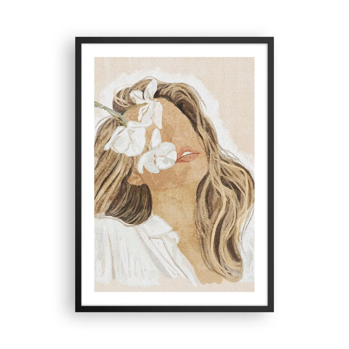 Plakat w czarnej ramie - Portret kobiety z kwiatami zasłaniającymi twarz - 50x70cm - Wśród kwiatów w uniesieniu - Nowoczesna dekoracja ścienna do salonu i sypialni ARTTOR