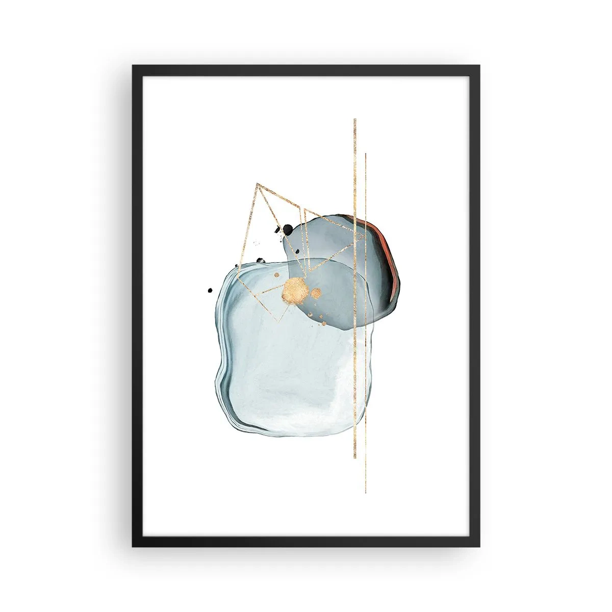 Plakat w czarnej ramie - Abstrakcyjna kompozycja akwareli z geometrycznym złotym wzorem - 50x70cm - Studium kropli - Nowoczesna dekoracja ścienna do salonu i sypialni ARTTOR
