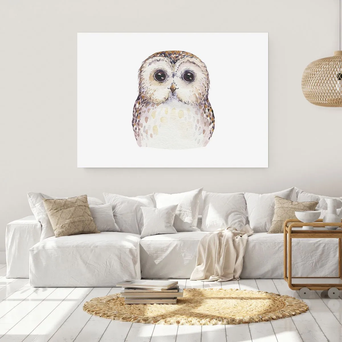 Plakat - Portret sowy na jasnym tle z delikatnymi kolorami - 100x70cm - Spójrz mi w oczy - Nowoczesna dekoracja ścienna do salonu i sypialni ARTTOR