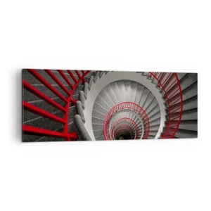 Obraz na płótnie - Spiralne schody z czerwonymi poręczami w dynamicznej perspektywie - 140x50cm - Zabawy architektury - Nowoczesna dekoracja ścienna do salonu i sypialni ARTTOR