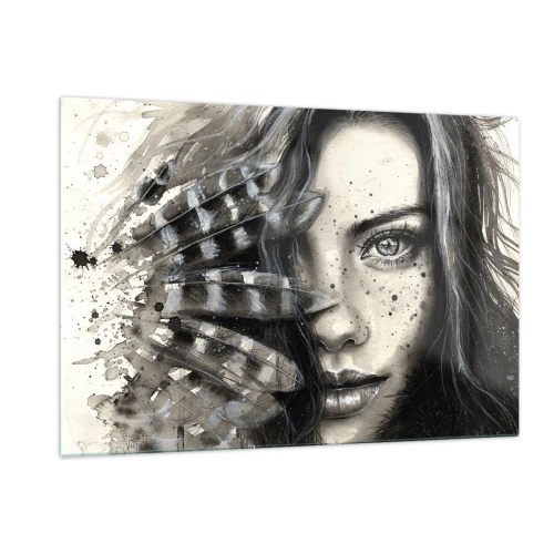 Obraz na szkle - Portret kobiety z piórami i abstrakcyjnymi detalami - 120x80cm - Dzika piękność - Nowoczesna dekoracja ścienna do salonu, kuchni i sypialni ARTTOR