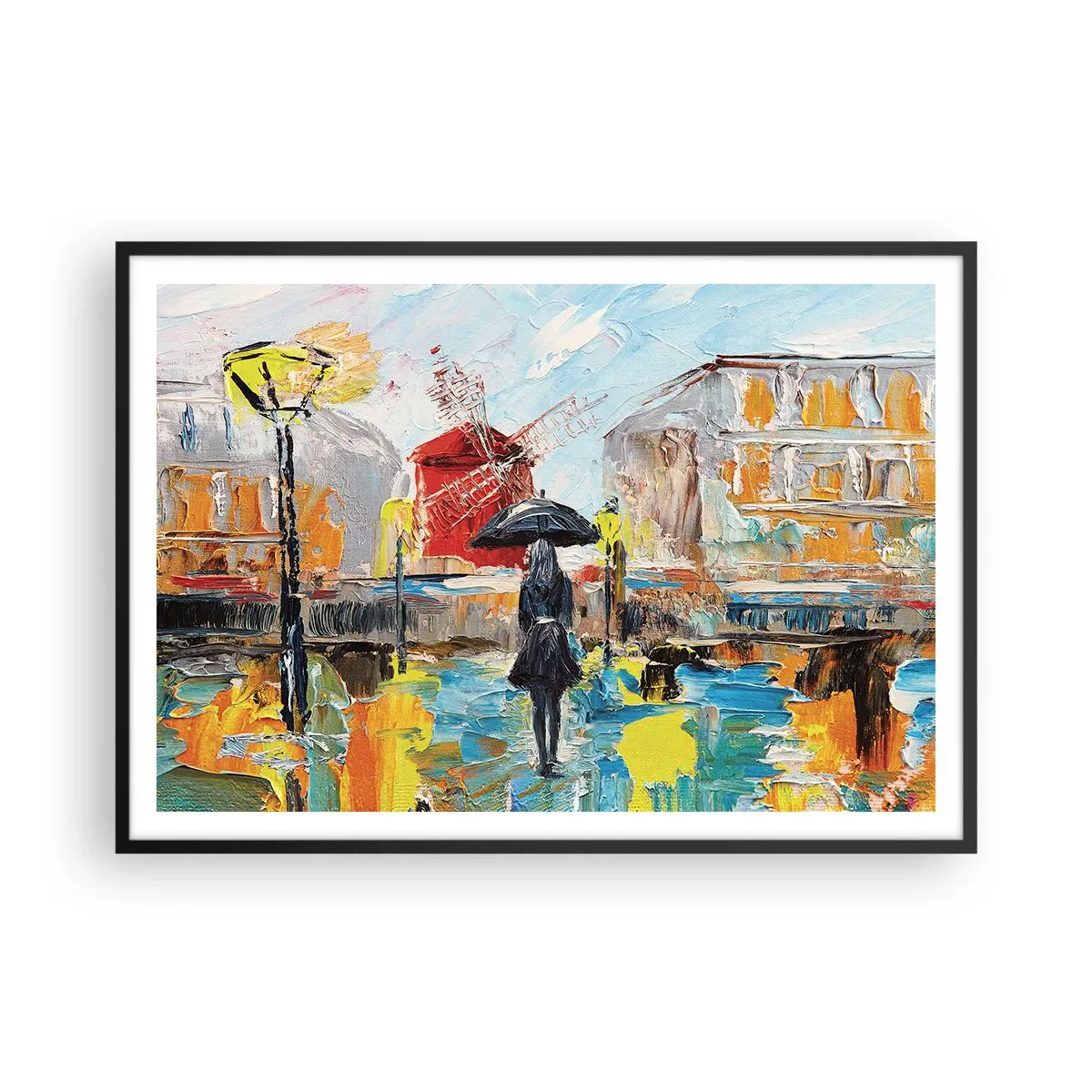 Plakat w czarnej ramie - Malownicza scena z parasolem na tle Paryża w żywych kolorach - 100x70cm - Paryskie legendy - Nowoczesna dekoracja ścienna do salonu i sypialni ARTTOR