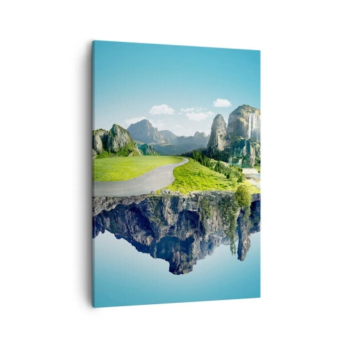Obraz na płótnie - Surrealistyczny krajobraz górski z odwróconym odbiciem - 50x70cm - Fantastyczna wyspa - Nowoczesna dekoracja ścienna do salonu, kuchni i sypialni ARTTOR