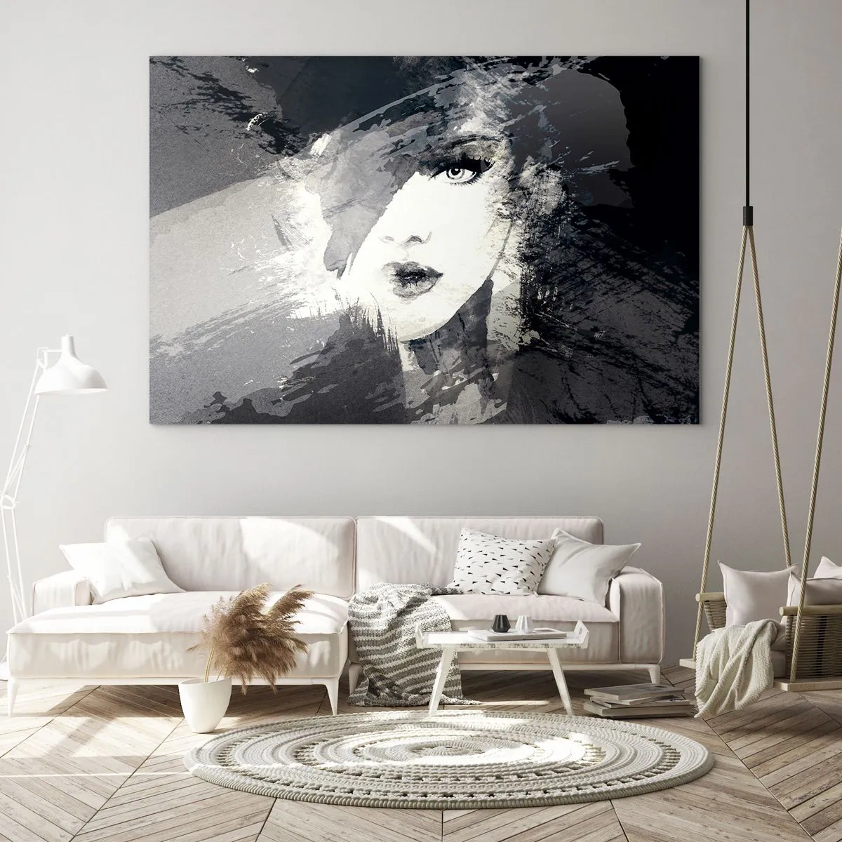 Obraz na szkle - Twarz kobiety częściowo zakryta abstrakcyjnymi szarymi plamami - 100x70cm - Zza szarego woalu - Nowoczesna dekoracja ścienna do salonu, kuchni i sypialni ARTTOR