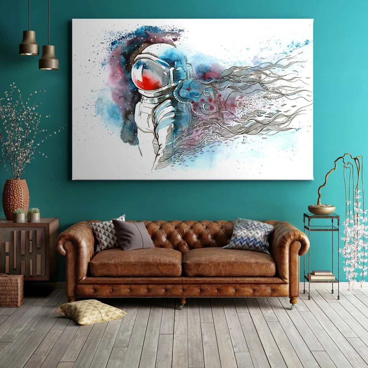 Obraz na płótnie - Kosmonauta w dynamicznej akwareli z kosmicznymi detalami - 100x70cm - Sam na sam z kosmosem - Nowoczesna dekoracja ścienna do salonu, kuchni i sypialni ARTTOR