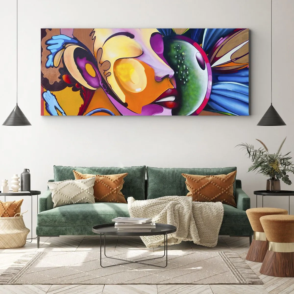 Obraz na płótnie - Kolorowa abstrakcja z motywem twarzy w dynamicznej kompozycji - 140x50cm - Dotknąć kolorem - Nowoczesna dekoracja ścienna do salonu i sypialni ARTTOR