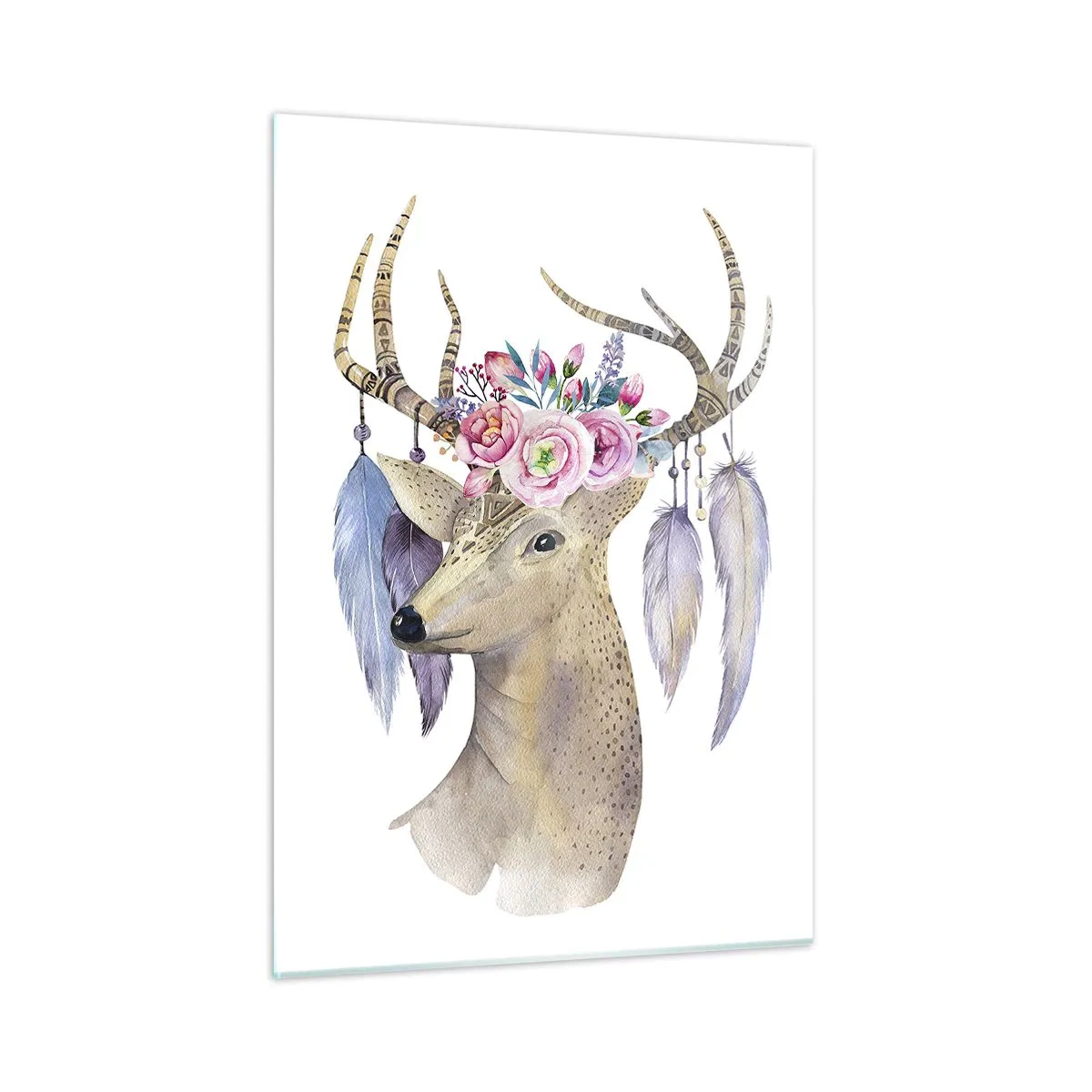 Obraz na szkle - Jeleń z kwiatowym wiankiem i piórami - 50x70cm - Przewodnik duszy - delikatny, niewinny - Nowoczesna dekoracja ścienna do salonu, kuchni i sypialni ARTTOR