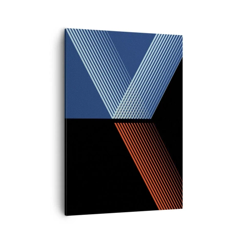 Obraz na płótnie - Abstrakcyjna kompozycja geometryczna z niebieskimi i pomarańczowymi liniami na czarnym tle - 50x70cm - Prosta historia - Nowoczesna dekoracja ścienna do salonu, kuchni i sypialni ARTTOR