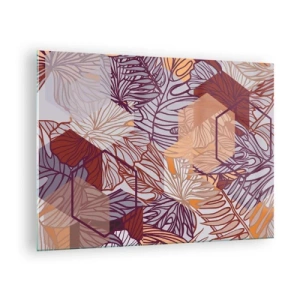 Obraz na szkle - Graficzne liście na tle geometrycznych kształtów - 70x50cm - Związek niemozliwy geometrii i natury - Nowoczesna dekoracja ścienna do salonu i sypialni ARTTOR