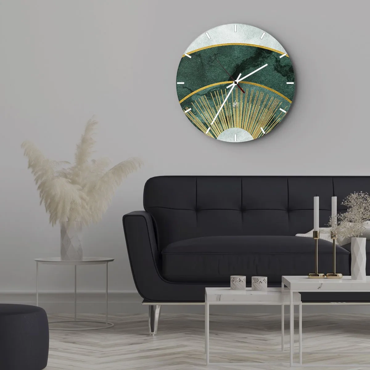 Zegar ścienny - Zielono-złota grafika z promieniami przypominającymi wschód słońca - 30x30cm - Inny układ słoneczny - Nowoczesna dekoracja ścienna do salonu, kuchni i sypialni ARTTOR