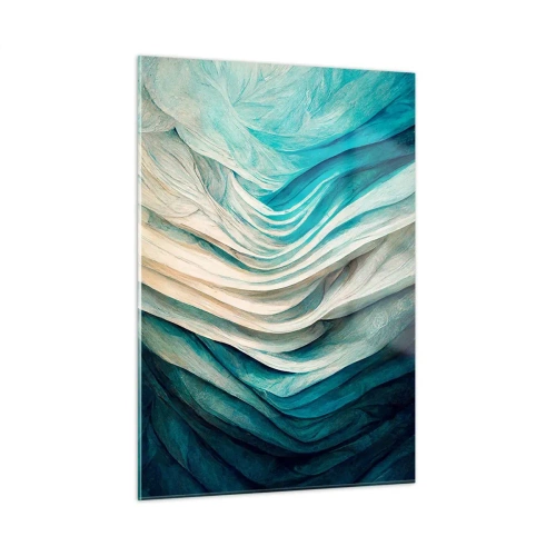 Obraz na szkle - Abstrakcyjne fale w odcieniach błękitu i beżu - 50x70cm - Błękitne nienasycenie - Nowoczesna dekoracja ścienna do salonu, kuchni i sypialni ARTTOR