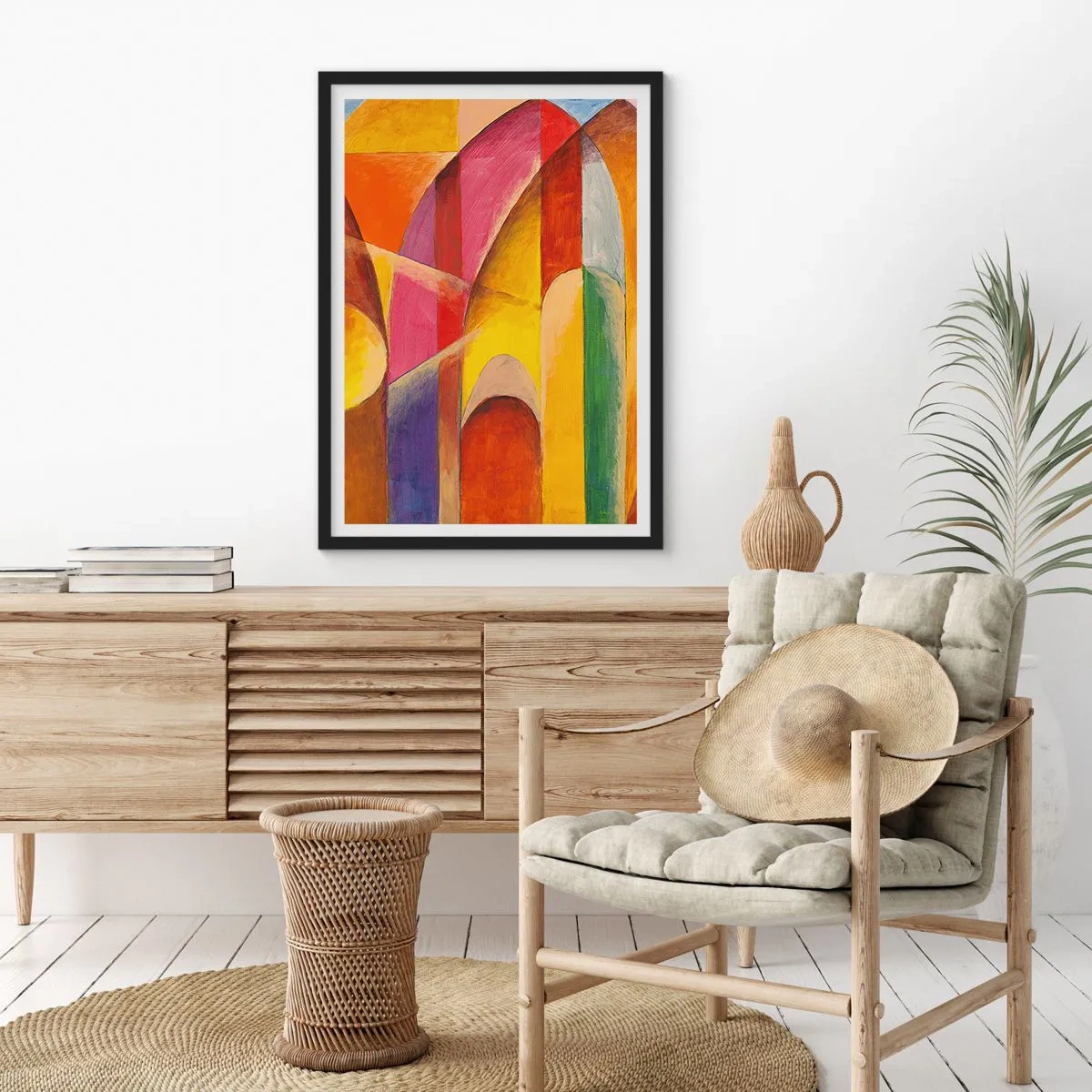 Plakat w czarnej ramie - Kolorowa abstrakcja z geometrycznymi kształtami - 50x70cm - Katedra słońca - Nowoczesna dekoracja ścienna do salonu i sypialni ARTTOR