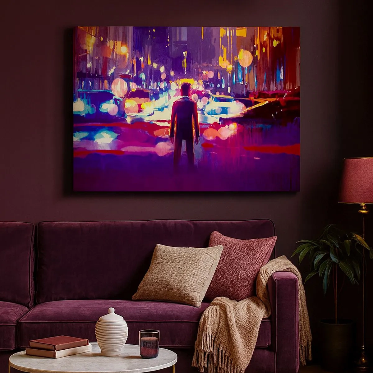 Obraz na płótnie - Mężczyzna w neonowej scenerii miejskiej nocy - 70x50cm - Zanurzony w świetle - Nowoczesna dekoracja ścienna do salonu i sypialni ARTTOR