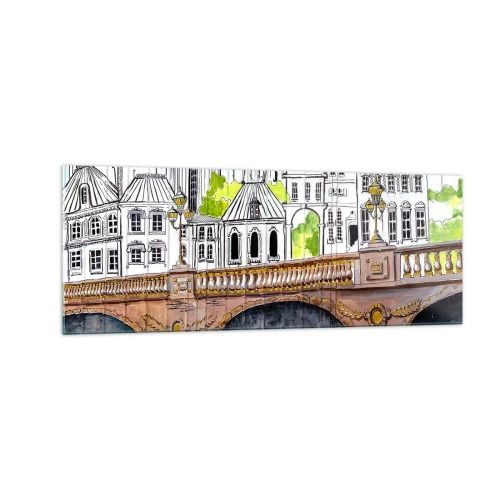 Obraz na szkle - Rysunek mostu i zabytkowej architektury miejskiej - 140x50cm - Miasto jak malowane - Nowoczesna dekoracja ścienna do salonu i sypialni ARTTOR