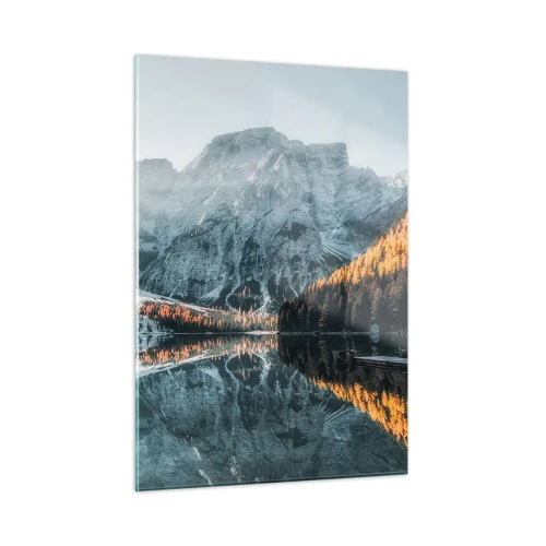 Obraz na szkle - Górski krajobraz odbijający się w spokojnej tafli jeziora - 50x70cm - Lustrzany pejzaż - Nowoczesna dekoracja ścienna do salonu, kuchni i sypialni ARTTOR