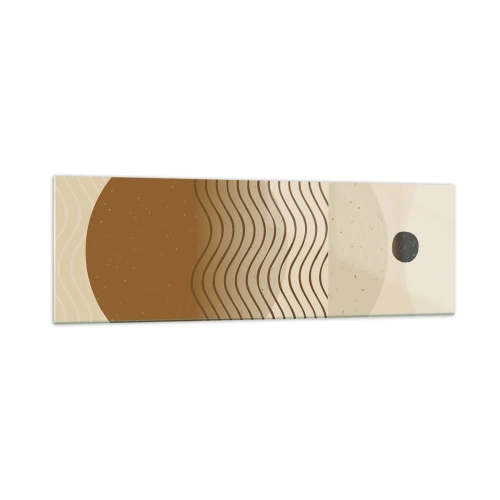 Obraz na szkle - Geometryczna abstrakcja z kołami i falistymi liniami w ciepłych barwach - 160x50cm - O pochodzeniu figur geometrycznych - Nowoczesna dekoracja ścienna do salonu i sypialni ARTTOR