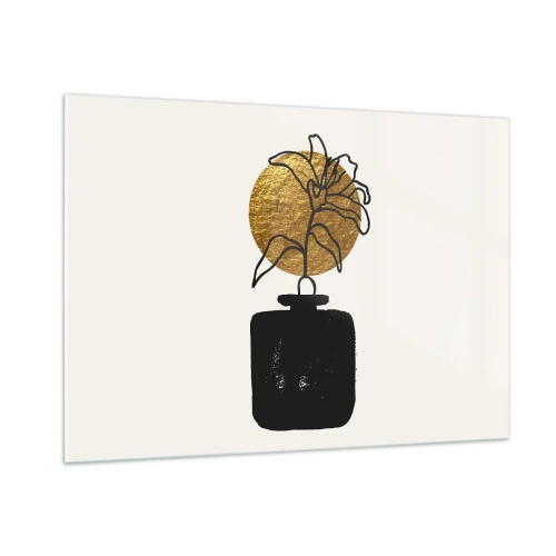 Obraz na szkle - Minimalistyczna grafika z kwiatem w złotym kole i czarnym wazonie - 100x70cm - Piękno na wagę złota - Nowoczesna dekoracja ścienna do salonu, kuchni i sypialni ARTTOR