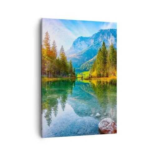 Obraz na płótnie - Malownicze jezioro otoczone lasem i górami w słoneczny dzień - 50x70cm - Łagodność jesieni - Nowoczesna dekoracja ścienna do salonu, kuchni i sypialni ARTTOR