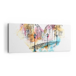 Obraz na płótnie - Akwarela mostu i kamienic w sercowym kształcie - 120x50cm - Serce miasta - Nowoczesna dekoracja ścienna do salonu i sypialni ARTTOR