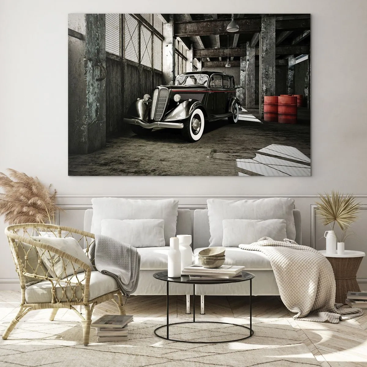 Obraz na szkle - Zabytkowy samochód w stylowym garażu - 70x50cm - Nieprzemijająca elegancja lat 30. - Nowoczesna dekoracja ścienna do salonu i sypialni ARTTOR