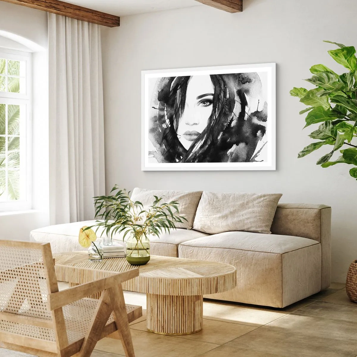 Plakat w białej ramie - Portret damy w czerni i bieli - 50x40 cm