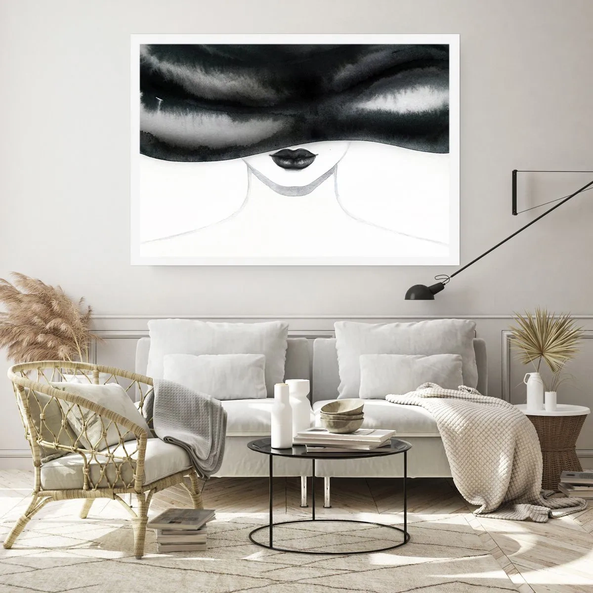 Plakat - Subtelny portret kobiety z zakrytą twarzą w monochromatycznym stylu - 100x70cm - Zmysłowa tajemnica - Nowoczesna dekoracja ścienna do salonu i sypialni ARTTOR