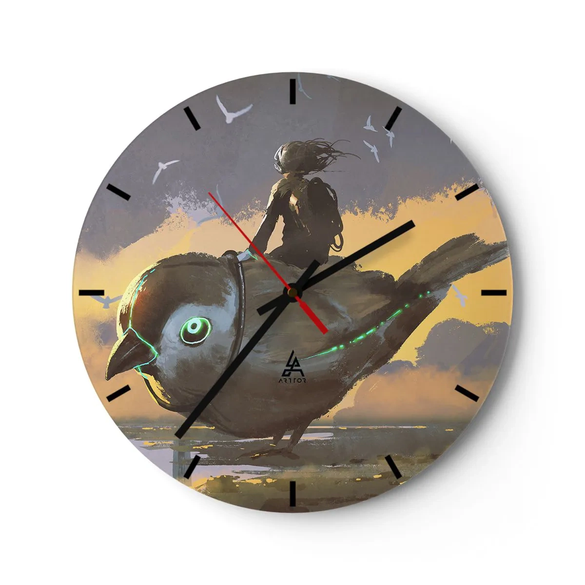 Zegar ścienny - Postać na mechanicznym ptaku w fantastycznym krajobrazie - 30x30cm - Przystanek w fantastycznej podróźy - Nowoczesna dekoracja ścienna do salonu, kuchni i sypialni ARTTOR