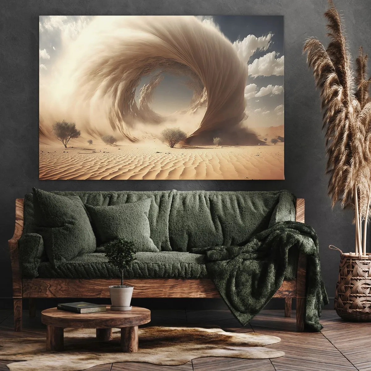 Obraz na płótnie - Dynamiczny wir piasku na pustyni z drzewami - 70x50cm - Otwarty portal - Nowoczesna dekoracja ścienna do salonu i sypialni ARTTOR