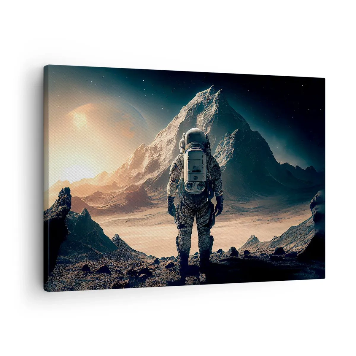 Obraz na płótnie - Astronauta na tle majestatycznych gór - 70x50cm - Nowe wyzwanie - Nowoczesna dekoracja ścienna do salonu i sypialni ARTTOR