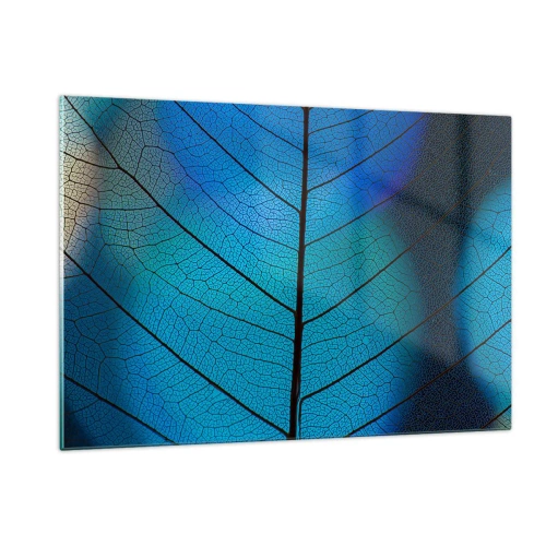 Obraz na szkle - Zbliżenie błękitnego liścia z widoczną strukturą żyłek - 120x80cm - Misterna budowa - Nowoczesna dekoracja ścienna do salonu, kuchni i sypialni ARTTOR