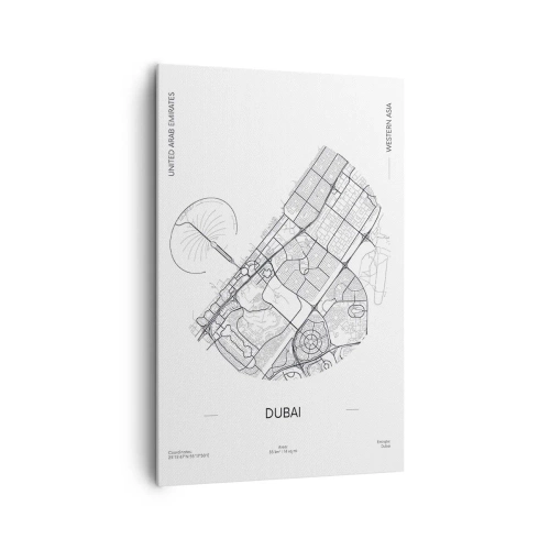Obraz na płótnie - Minimalistyczna mapa Dubaju w czarno-białej kolorystyce z oznaczeniami lokalizacji - 80x120cm - Anatomia Dubaju - Nowoczesna dekoracja ścienna do salonu i sypialni ARTTOR