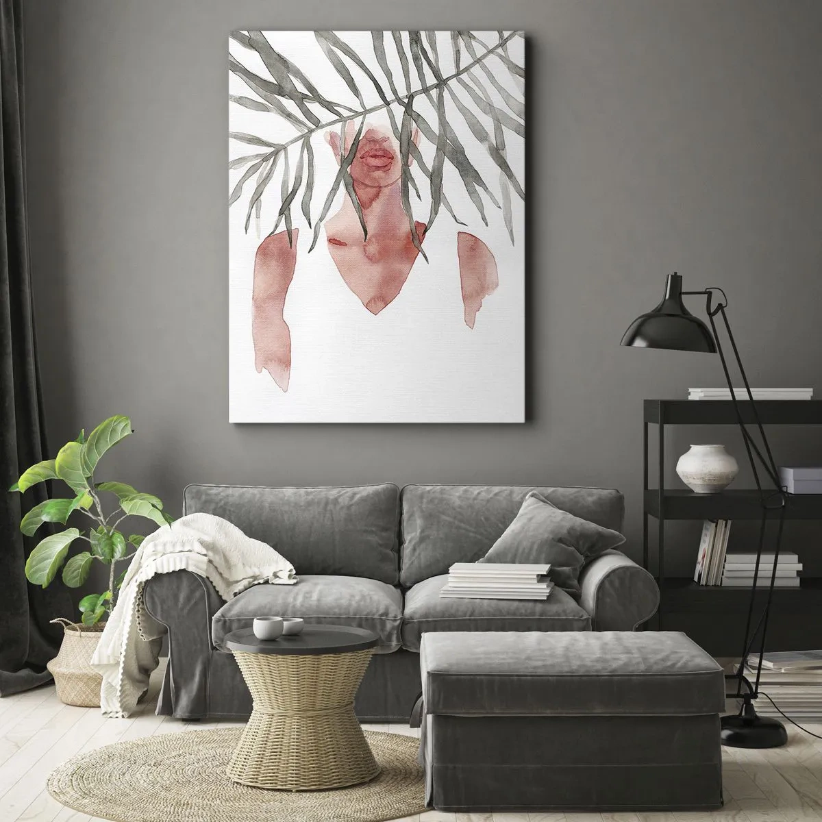 Obraz na płótnie - Sylwetka kobiety w akwarelowym stylu częściowo zakryta liśćmi palmy - 70x100cm - Dama tropików - Nowoczesna dekoracja ścienna do salonu i sypialni ARTTOR