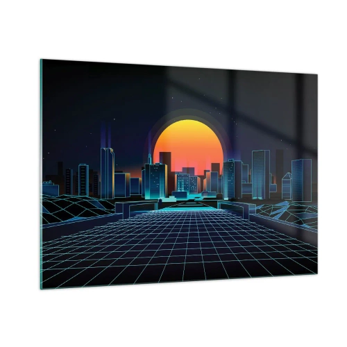 Obraz na szkle - Futurystyczna panorama miasta z zachodem słońca - 100x70cm - Wciąż chcesz do realu? - Nowoczesna dekoracja ścienna do salonu, kuchni i sypialni ARTTOR