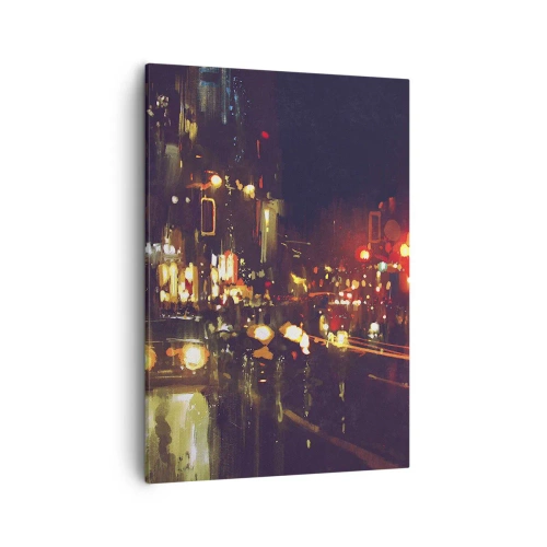 Obraz na płótnie - Abstrakcyjna kompozycja nocnego miasta rozświetlonego neonami i reflektorami - 50x70cm - Zatopiona w światłach nocy - Nowoczesna dekoracja ścienna do salonu, kuchni i sypialni ARTTOR