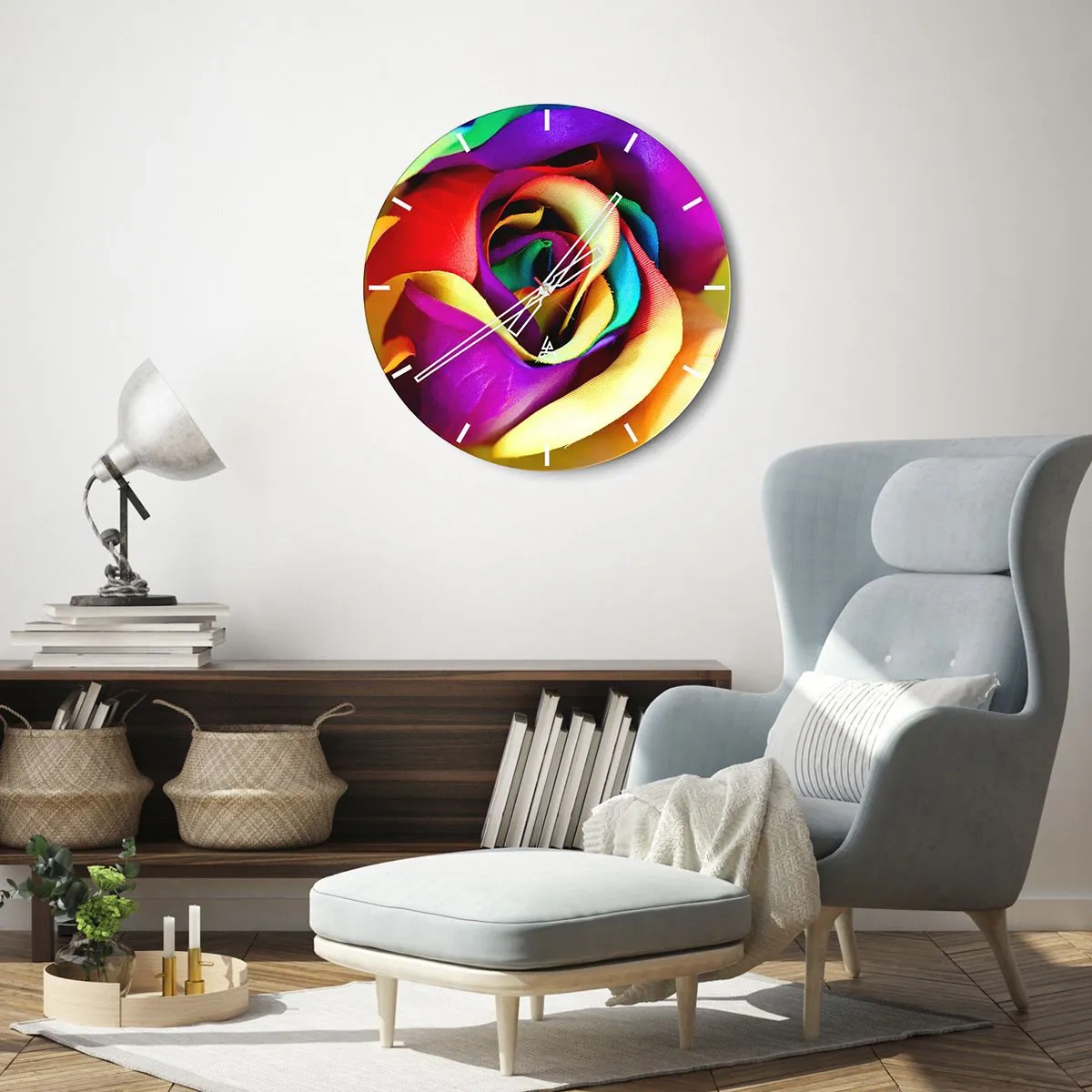 Zegar ścienny - Tęczowa róża w zbliżeniu z intensywnymi kolorami - 30x30cm - To niemożliwe - Nowoczesna dekoracja ścienna do salonu, kuchni i sypialni ARTTOR