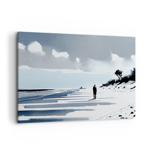 Obraz na płótnie - Samotna postać spacerująca po pustej plaży - 100x70cm - Sam na sam - Nowoczesna dekoracja ścienna do salonu, kuchni i sypialni ARTTOR