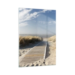 Obraz na szkle - Drewniana ścieżka przez wydmy prowadząca na plażę - 50x70cm - Za wydmą, w szumie traw - Nowoczesna dekoracja ścienna do salonu, kuchni i sypialni ARTTOR