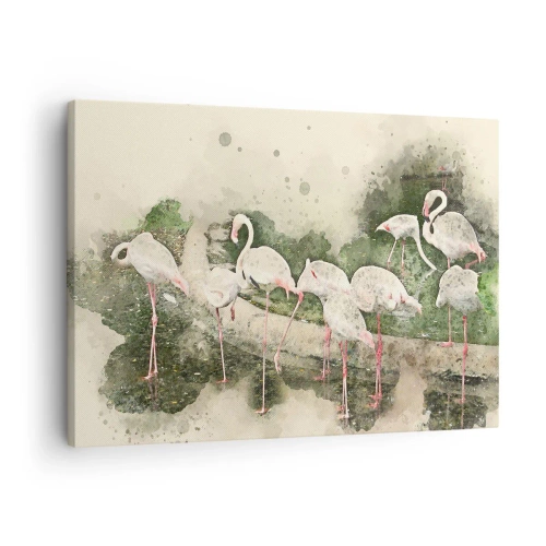 Obraz na płótnie - Flamingi w naturalnym otoczeniu w akwarelowym stylu - 70x50cm - Egzotyczny sen - Nowoczesna dekoracja ścienna do salonu i sypialni ARTTOR