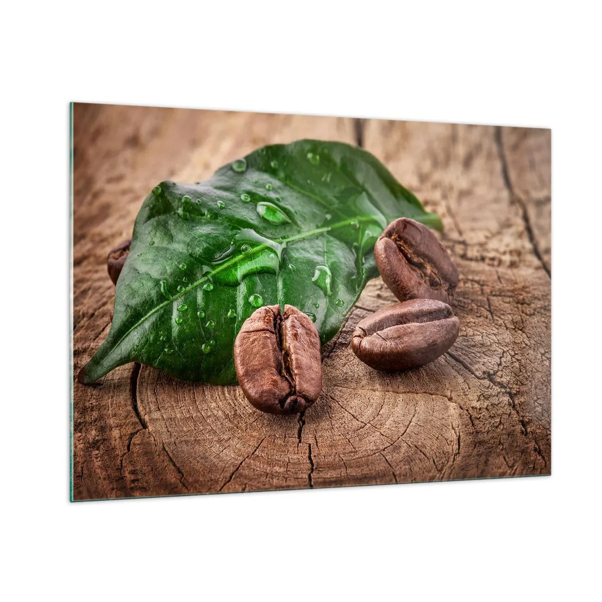 Obraz na szkle - Ziarna kawy na tle liścia i drewna - 100x70cm - Najprawdziwsza i czarna - Nowoczesna dekoracja ścienna do salonu, kuchni i sypialni ARTTOR