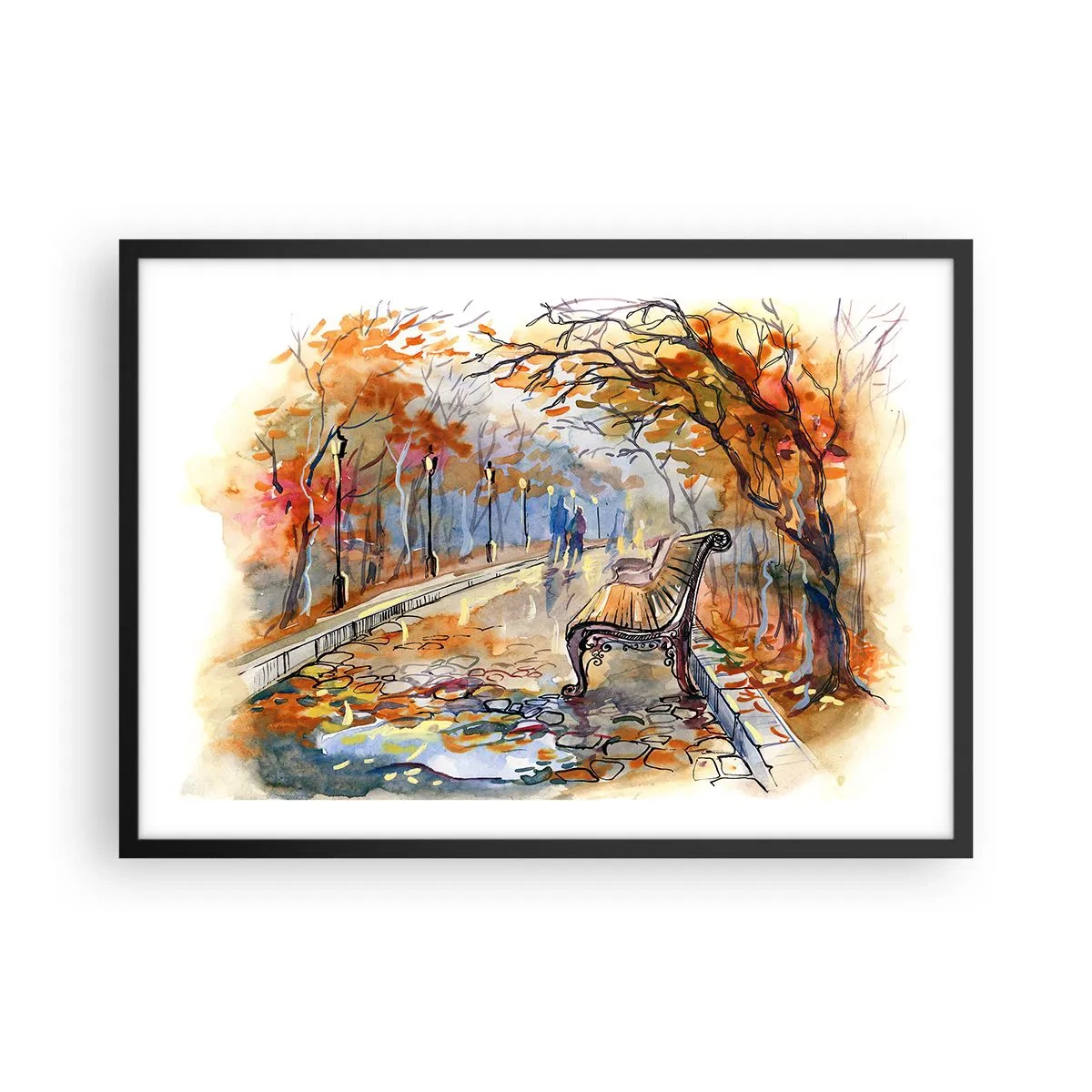 Plakat w czarnej ramie - Jesienny park z ławką w akwarelowym ujęciu - 70x50cm - Razem powędrować w jesień - Nowoczesna dekoracja ścienna do salonu i sypialni ARTTOR