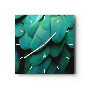 Zegar ścienny - Detal piór w odcieniach zieleni - 30x30cm - Precyzja papuziej natury - Nowoczesna dekoracja ścienna do salonu i sypialni ARTTOR