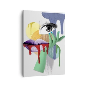 Obraz na płótnie - Surrealistyczna kompozycja oka, ust i dłoni w abstrakcyjnych barwach - 50x70cm - Portret zdekonstruowany - Nowoczesna dekoracja ścienna do salonu, kuchni i sypialni ARTTOR