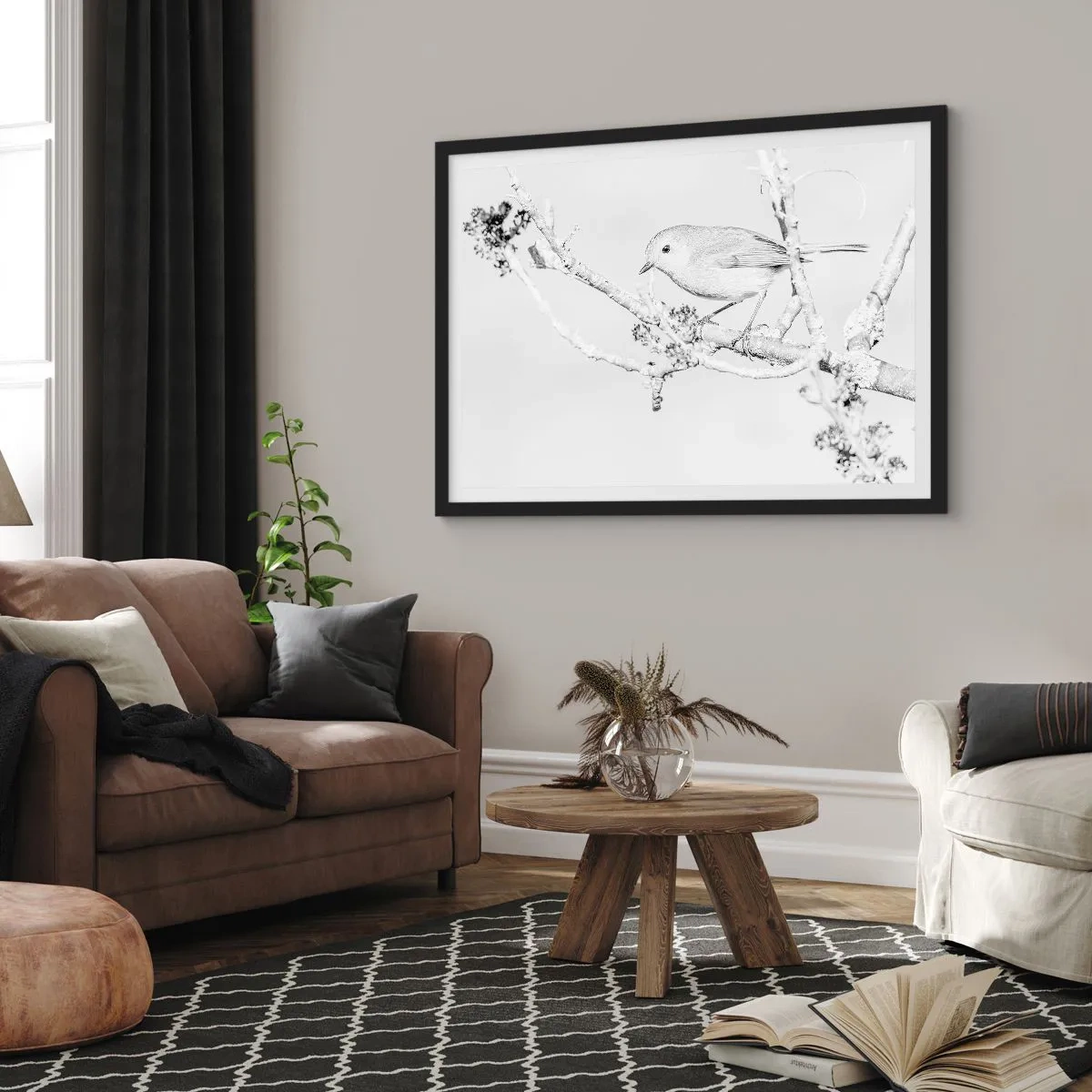 Plakat w czarnej ramie - Ptak na gałęzi w czerni i bieli z minimalistycznym stylem - 70x50cm - Zimowy poranek - Nowoczesna dekoracja ścienna do salonu i sypialni ARTTOR