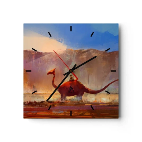Zegar ścienny - Fantazyjna scena z jeźdźcem na prehistorycznym stworzeniu - 30x30cm - Gdyby nie wyginęły - Nowoczesna dekoracja ścienna do salonu i sypialni ARTTOR