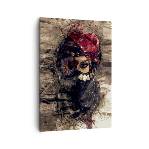 Obraz na płótnie - Tajemnicza kobieta w orientalnym stroju z zakrytą twarzą i wyrazistym spojrzeniem - 50x70cm - Co najmniej niepokojąca - Nowoczesna dekoracja ścienna do salonu, kuchni i sypialni ARTTOR