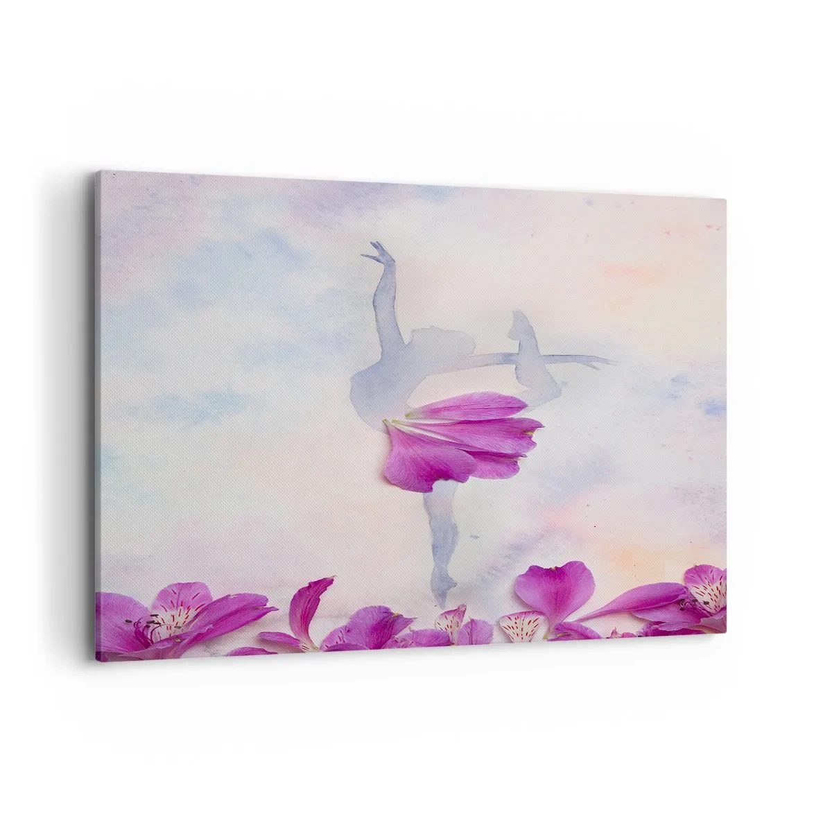 Obraz na płótnie - Tancerka w sukni z płatka kwiatu na tle pastelowym - 100x70cm - Delikatna jak kwiat - Nowoczesna dekoracja ścienna do salonu, kuchni i sypialni ARTTOR